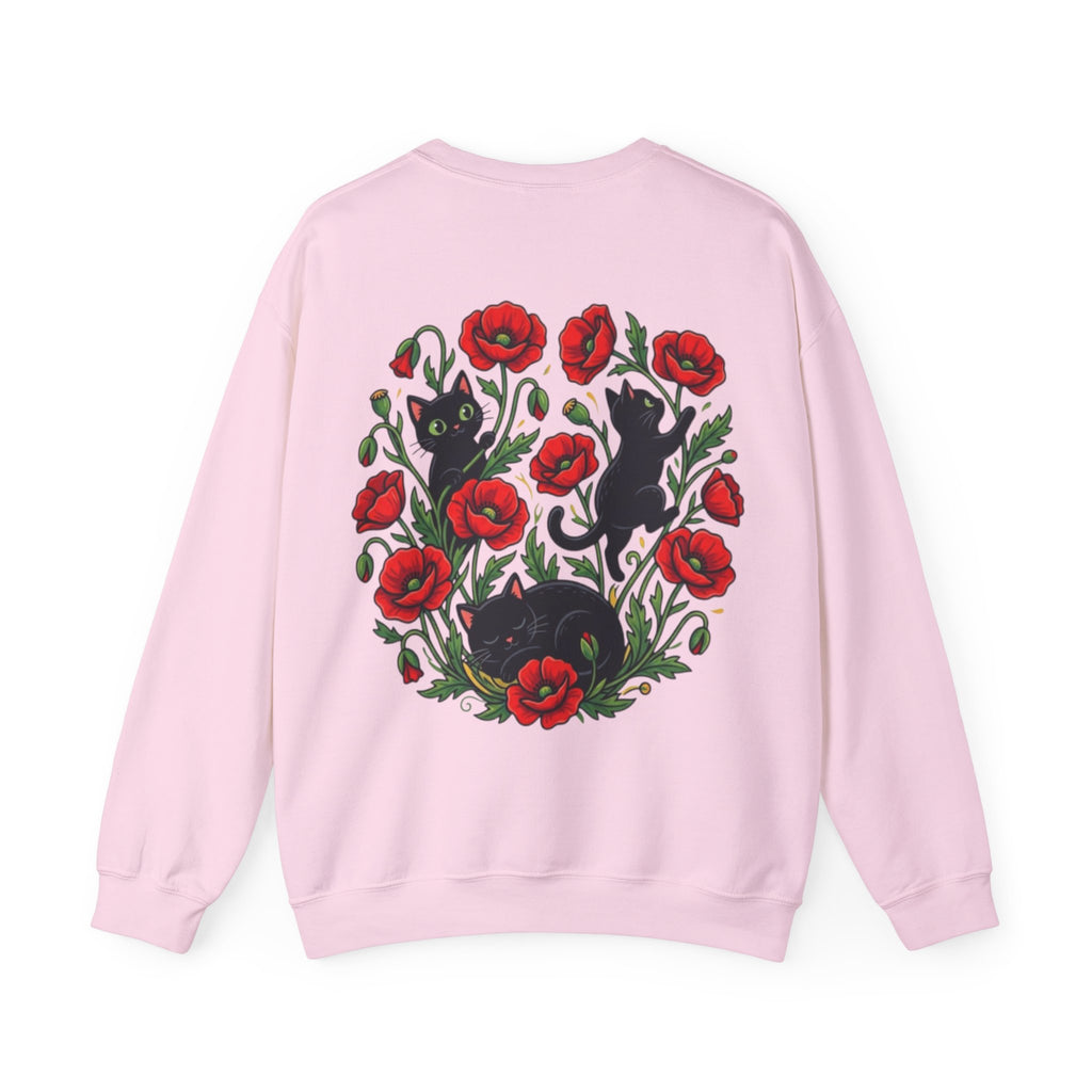 ORVIAN — Black Cat & Red Poppies Floral Crewneck, Elegant Nature Unisex Heavy Blend