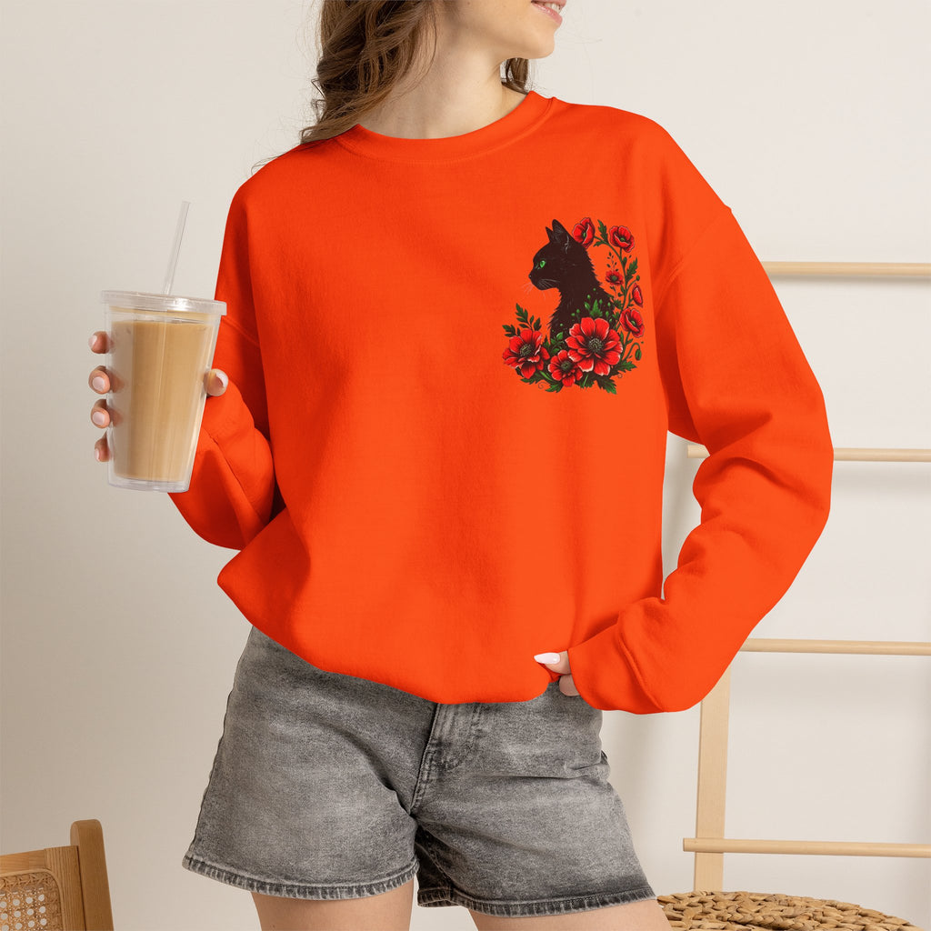 ORVIAN — Black Cat & Red Poppies Floral Crewneck, Elegant Nature Unisex Heavy Blend
