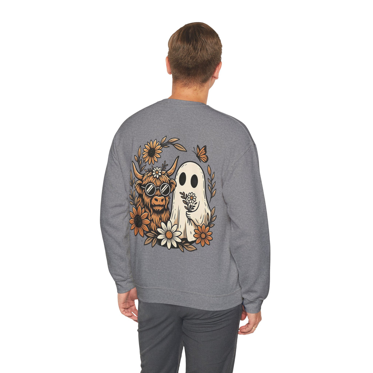 ORVIAN — Highland Cow & Cute Ghost Western Floral Crewneck, Spooky Unisex Sweatshirt