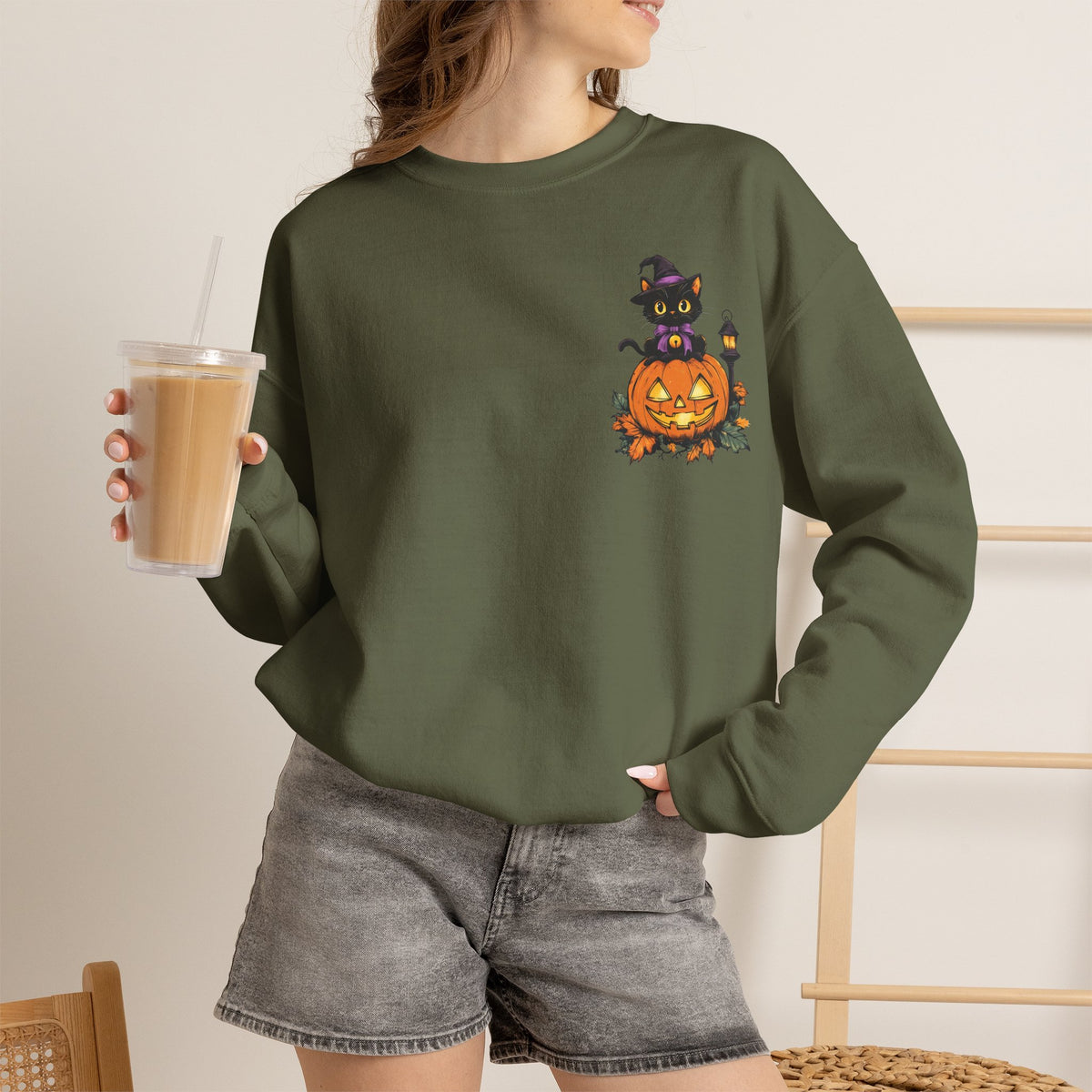 ORVIAN — Witch Cat Halloween Crewneck, Flying Black Cat & Pumpkin Patch Unisex Sweatshirt