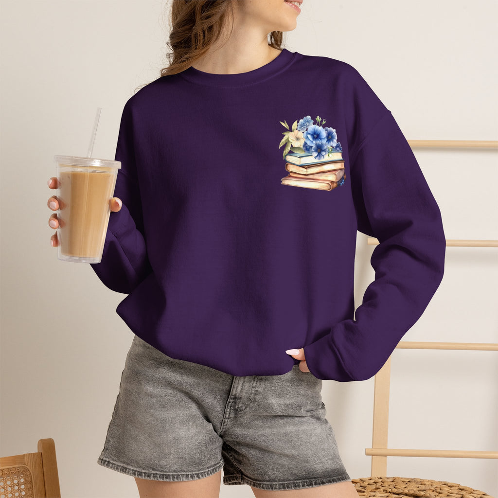 ORVIAN — Blue Watercolor Floral Book Crewneck, Open Book Wildflower Literary Unisex Heavy Blend