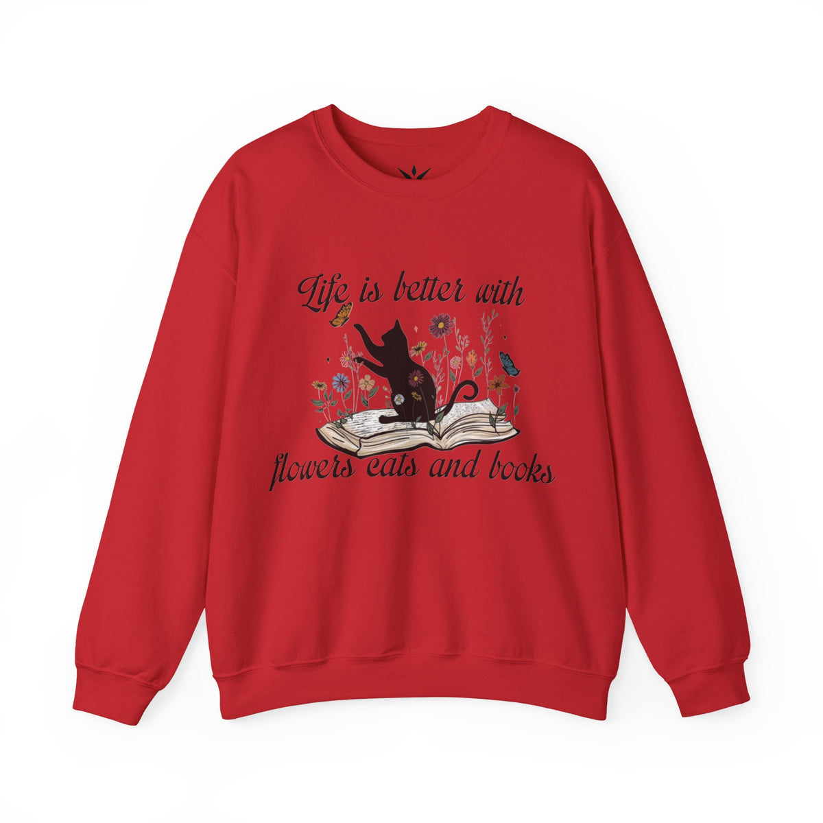 ORVIAN — Life Is Better With Flowers, Cats & Books Crewneck, Black Cat Book Stack Unisex