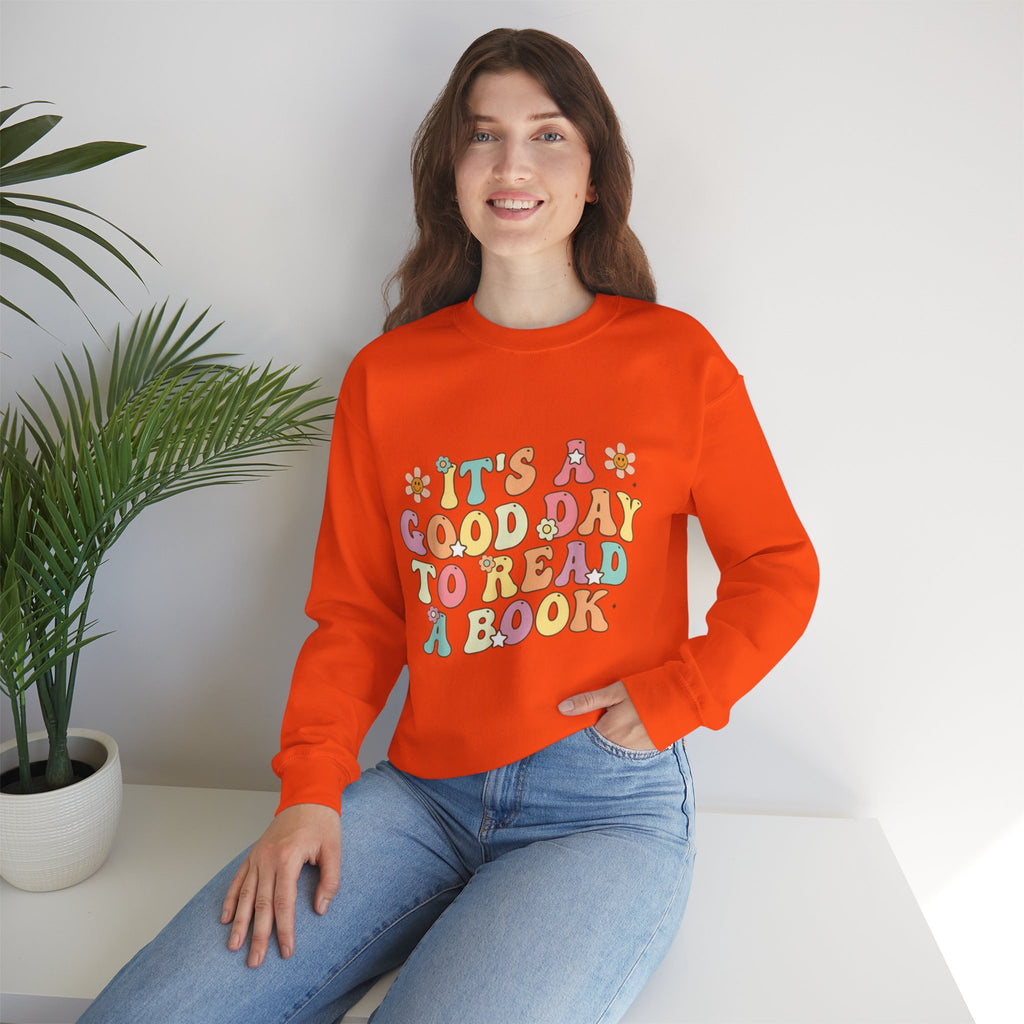 ORVIAN — Good Day to Read a Book Crewneck, Retro Floral Book Lover Sweatshirt Unisex Heavy Blend