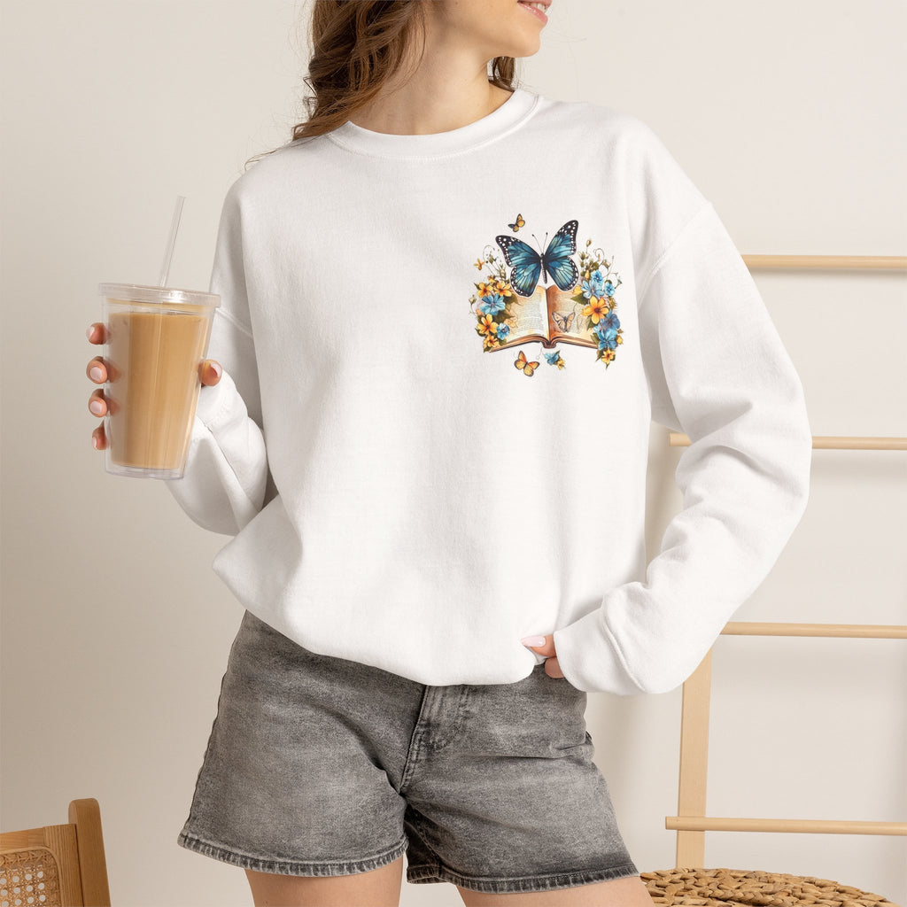 ORVIAN — Watercolor Floral Book & Butterfly Crewneck, Literary Nature Unisex Heavy Blend
