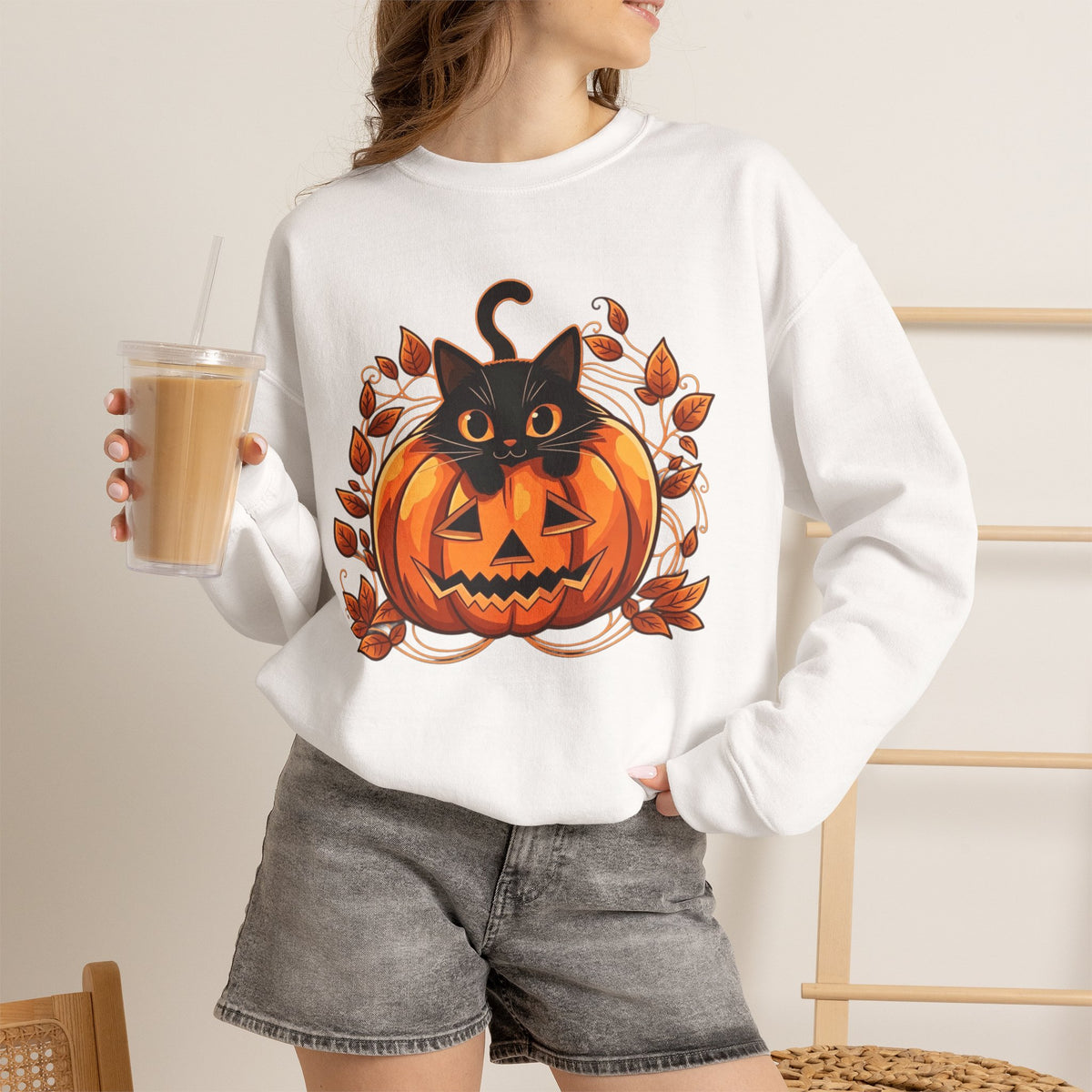 ORVIAN — Black Cat & Pumpkin Halloween Crewneck, Ghost & Coquette Bow Unisex Heavy Blend