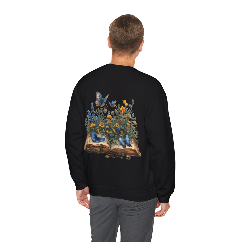 ORVIAN — Watercolor Floral Book & Butterfly Crewneck, Literary Nature Unisex Heavy Blend