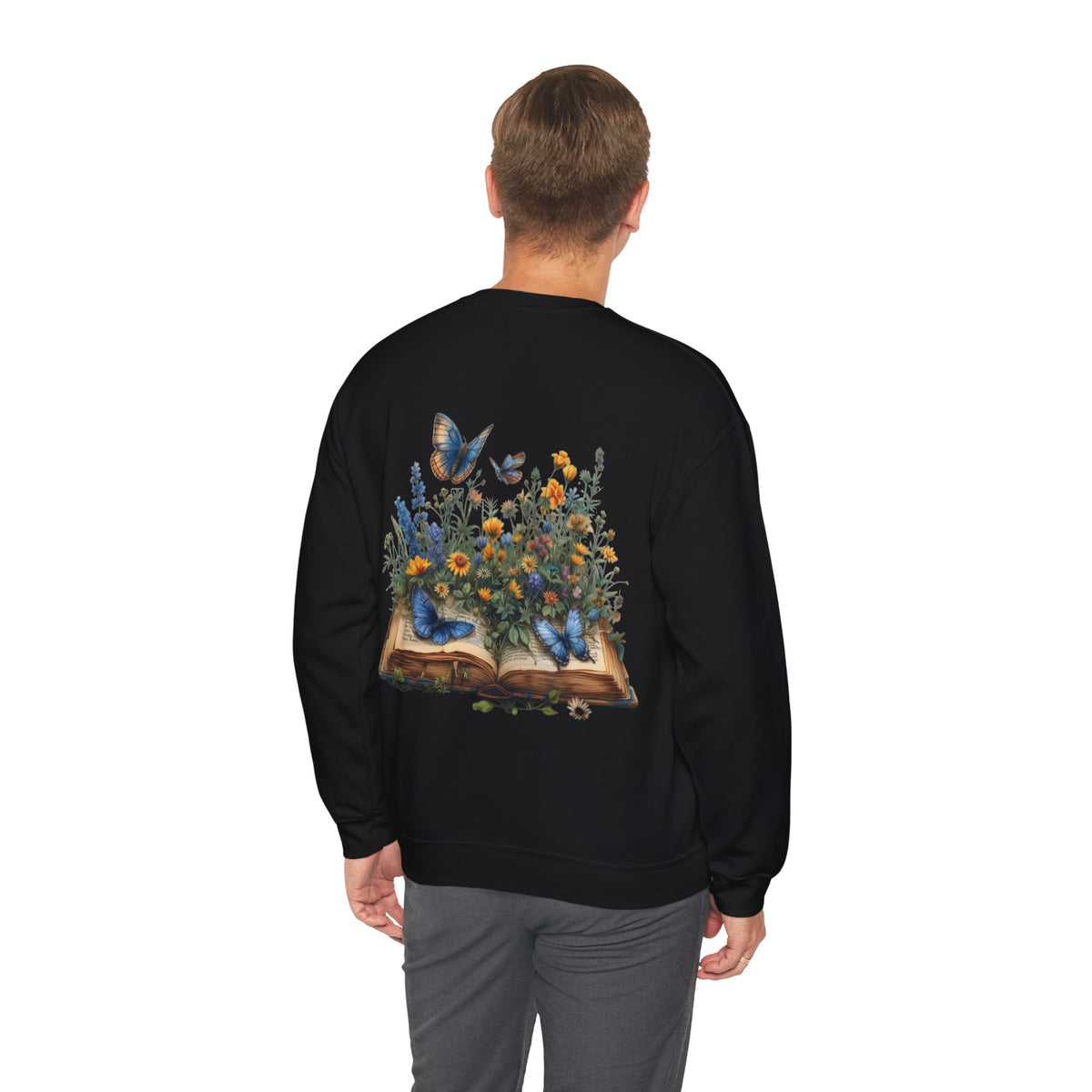 ORVIAN — Watercolor Floral Book & Butterfly Crewneck, Literary Nature Unisex Heavy Blend