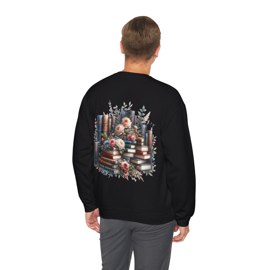 ORVIAN — Blue Watercolor Floral Book Crewneck, Open Book Wildflower Literary Unisex Heavy Blend