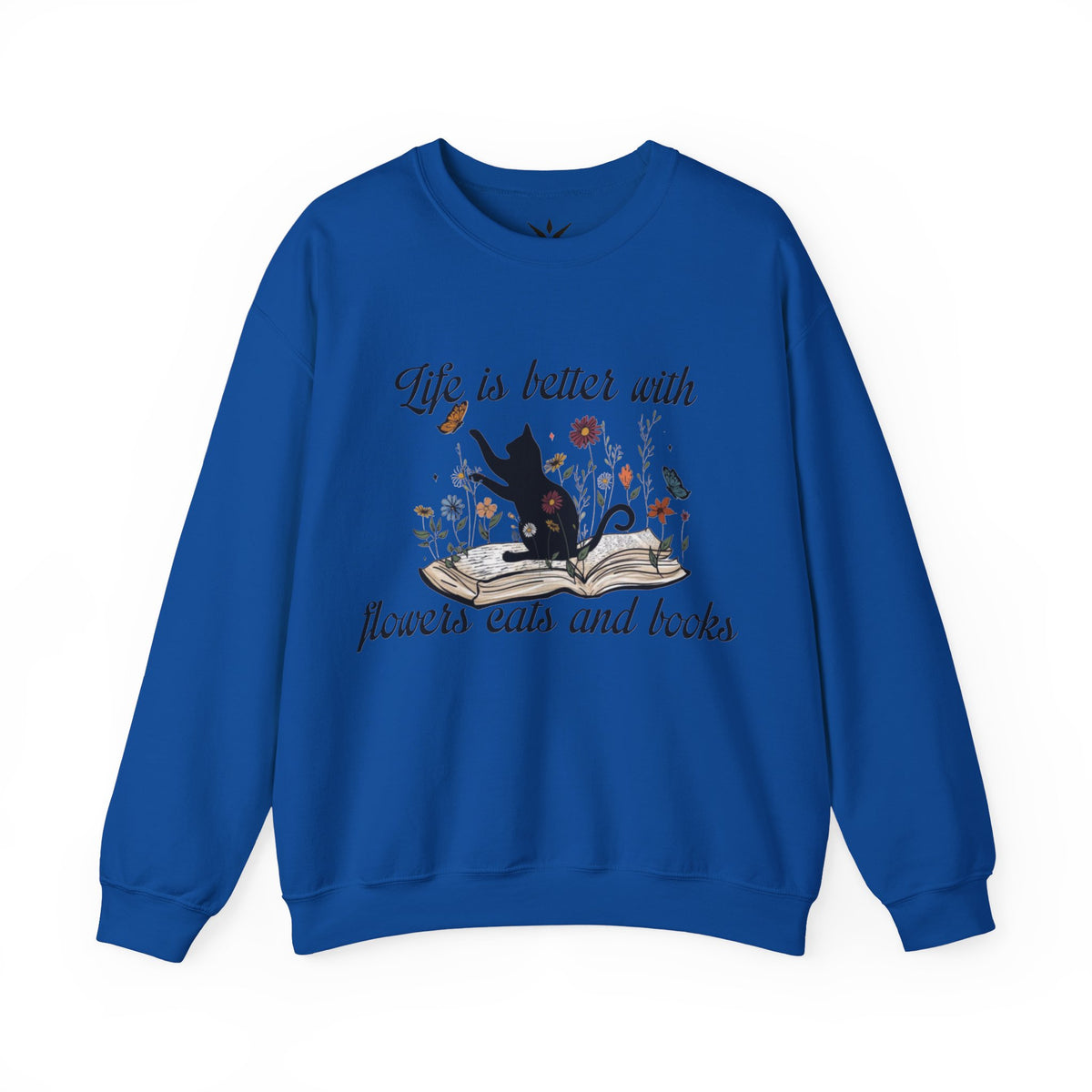ORVIAN — Life Is Better With Flowers, Cats & Books Crewneck, Black Cat Book Stack Unisex