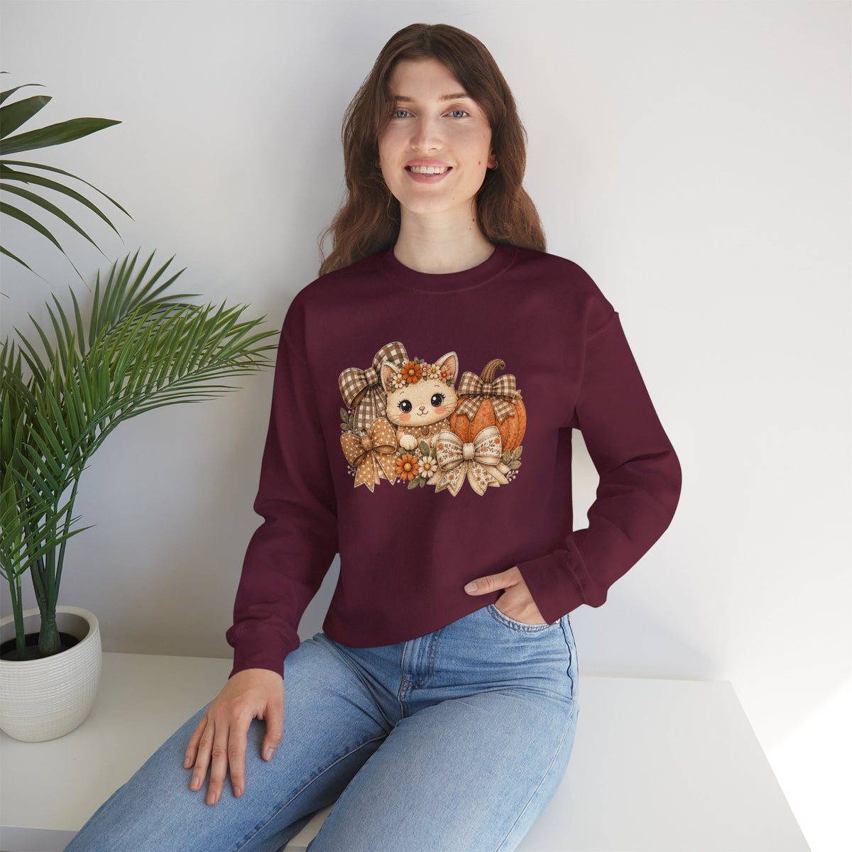 ORVIAN — Fall Kitten & Coquette Ghost Crewneck, Gingham Pumpkin Autumn Unisex Heavy Blend