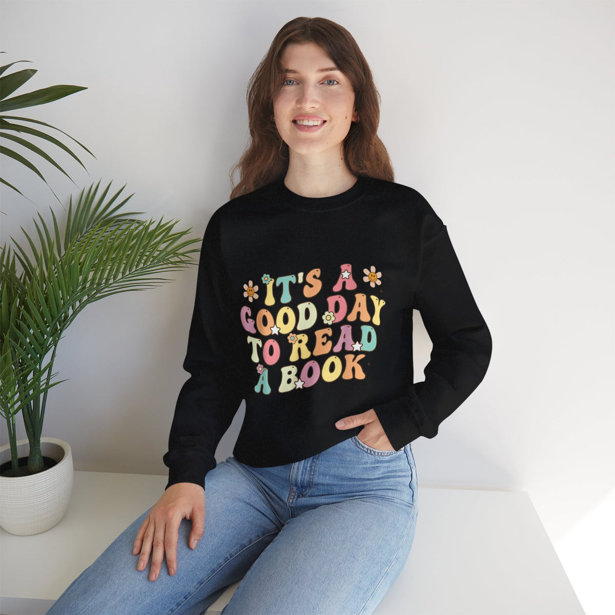 ORVIAN — Good Day to Read a Book Crewneck, Retro Floral Book Lover Sweatshirt Unisex Heavy Blend