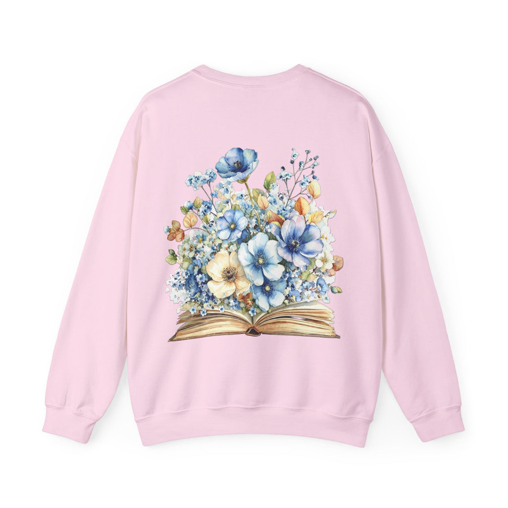 ORVIAN — Blue Watercolor Floral Book Crewneck, Open Book Wildflower Literary Unisex Heavy Blend