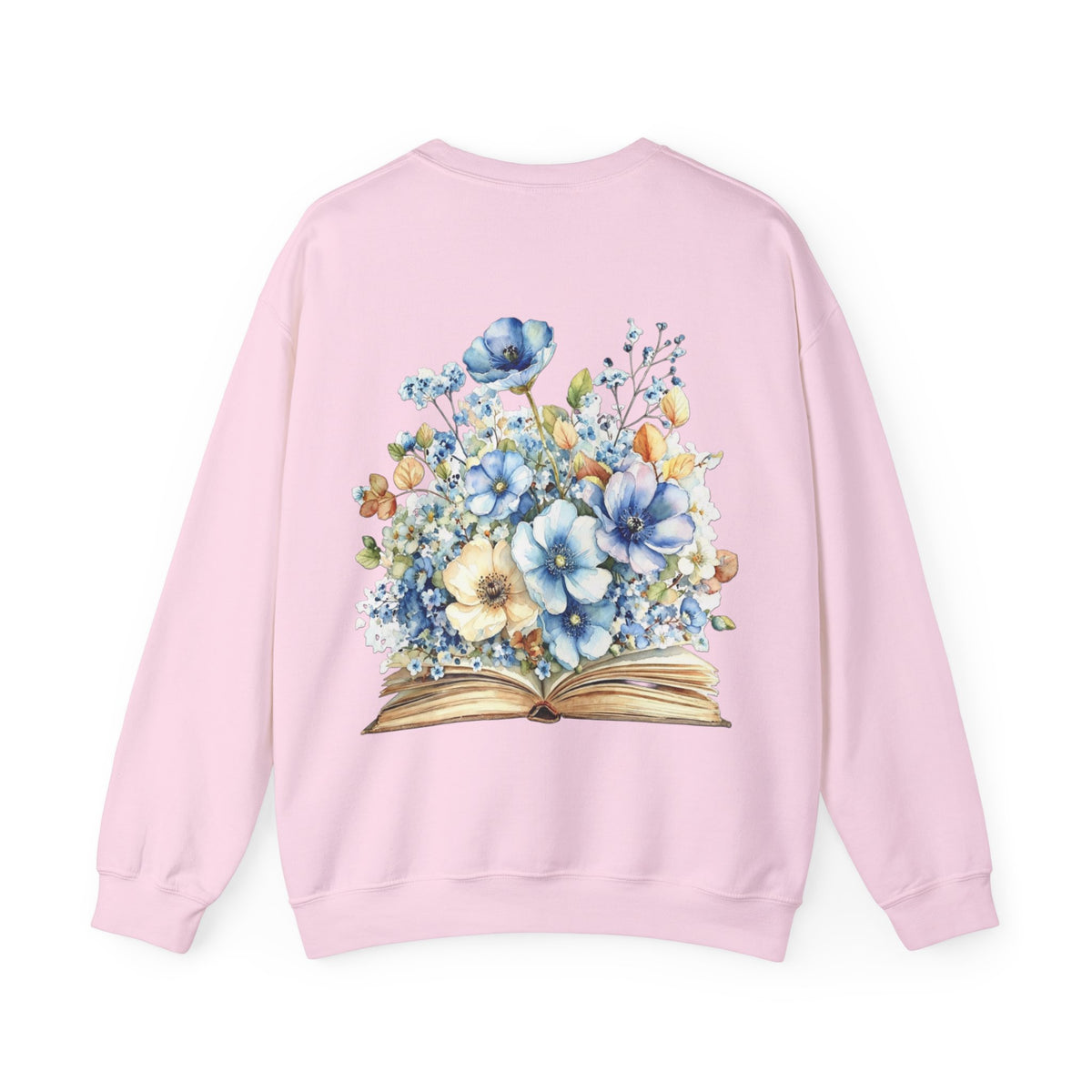 ORVIAN — Blue Watercolor Floral Book Crewneck, Open Book Wildflower Literary Unisex Heavy Blend