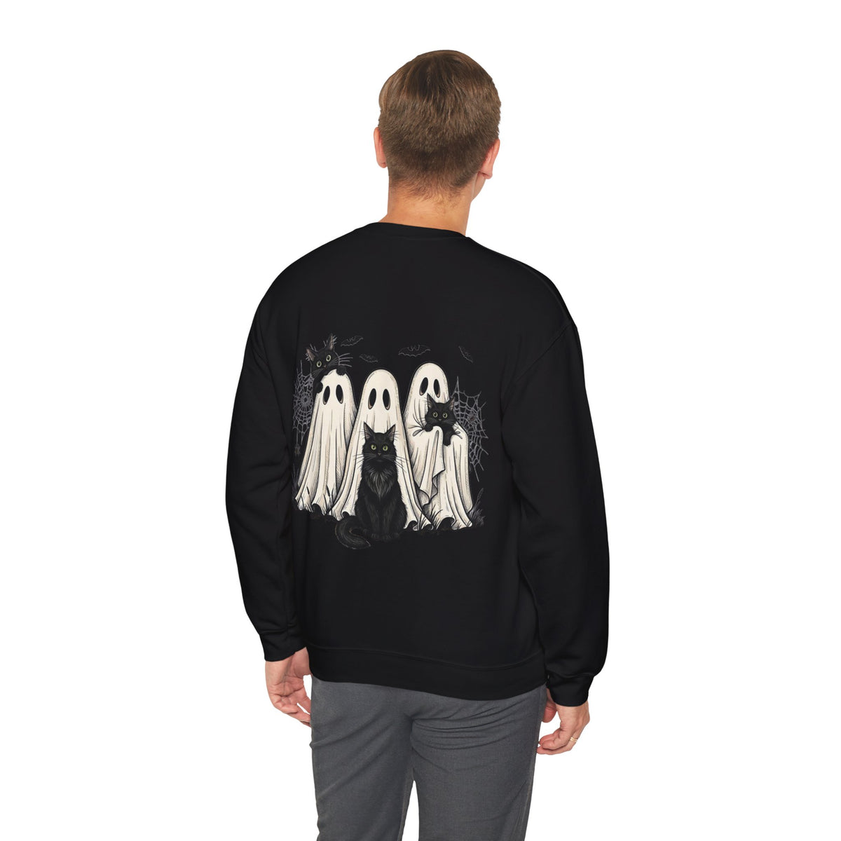 ORVIAN — Halloween Cats & Ghosts Crewneck, Spooky Cute Black Cat Unisex Sweatshirt