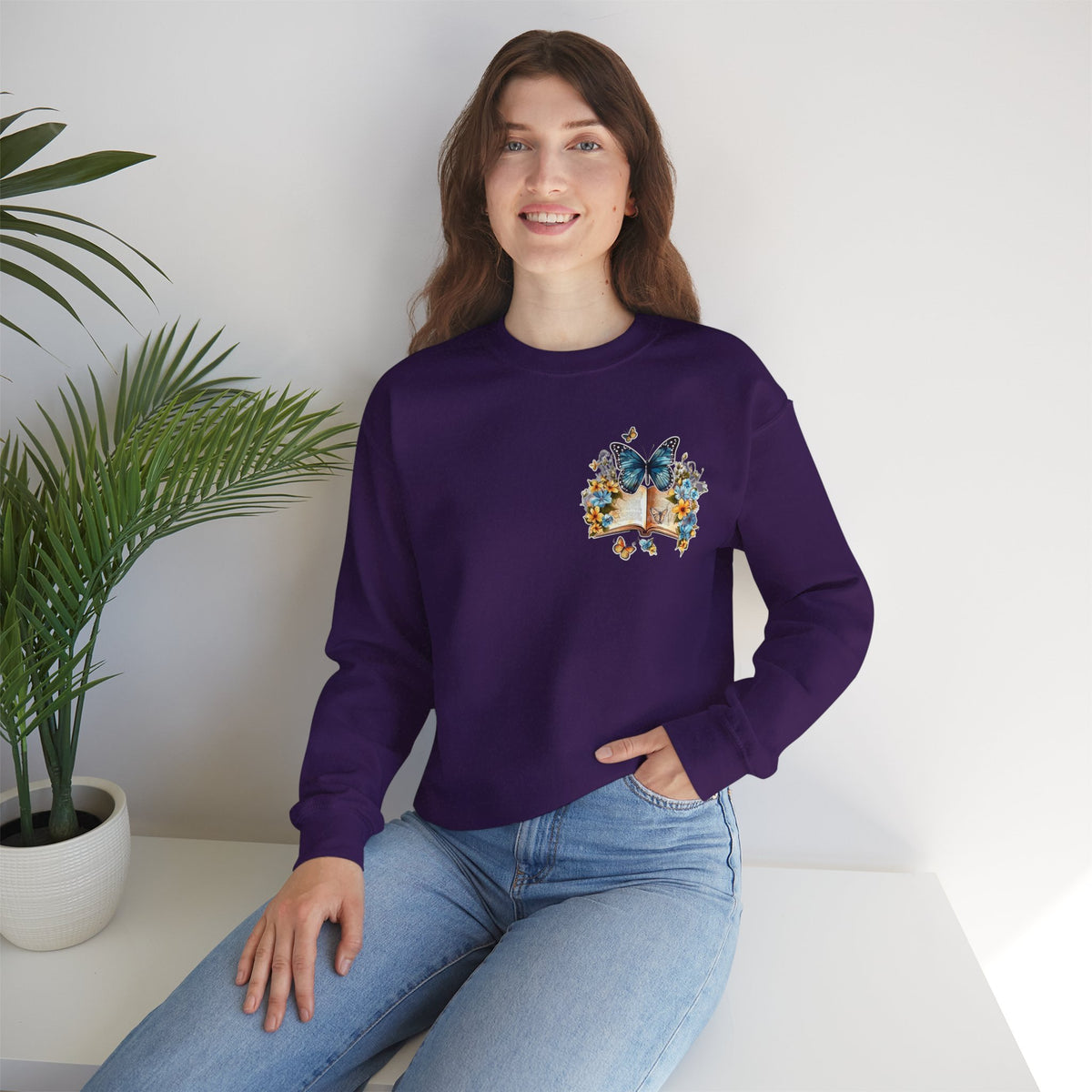 ORVIAN — Watercolor Floral Book & Butterfly Crewneck, Literary Nature Unisex Heavy Blend