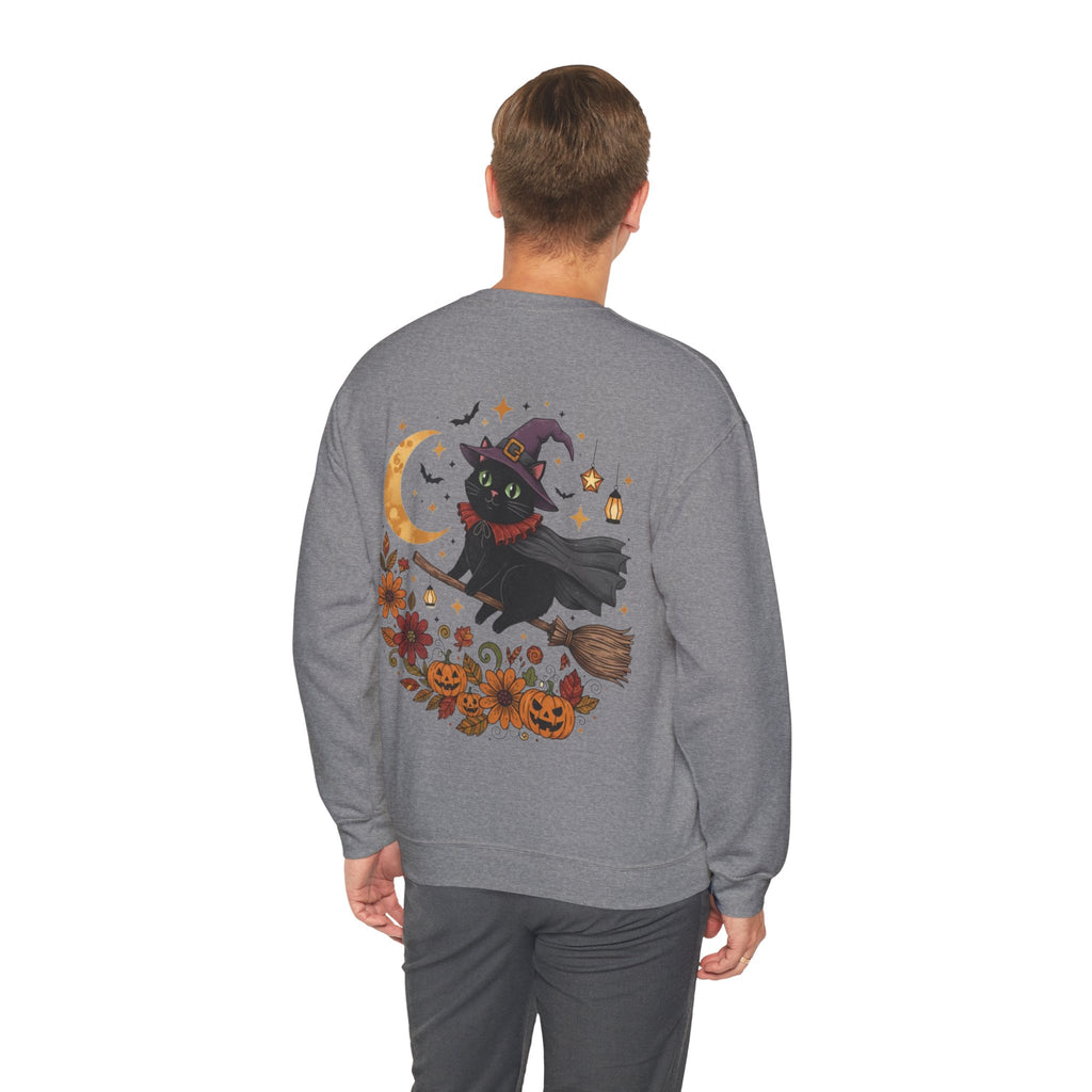 ORVIAN — Witch Cat Halloween Crewneck, Flying Black Cat & Pumpkin Patch Unisex Sweatshirt