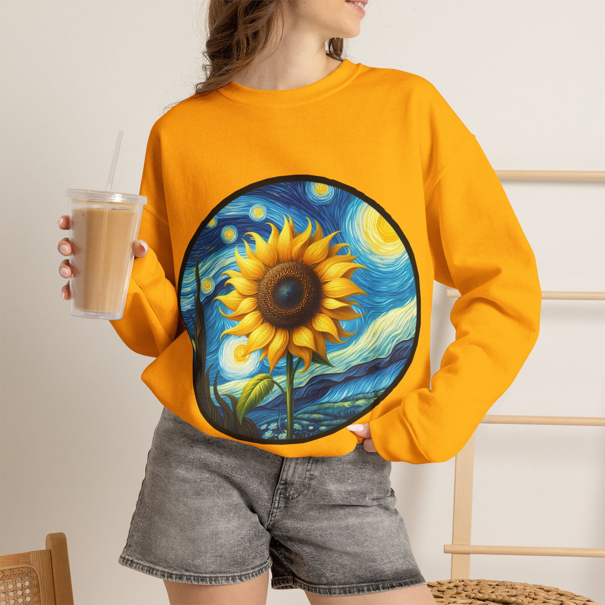 ORVIAN — Van Gogh Starry Night Sunflower & Artist Easel Crewneck, Art-Inspired Sweatshirt