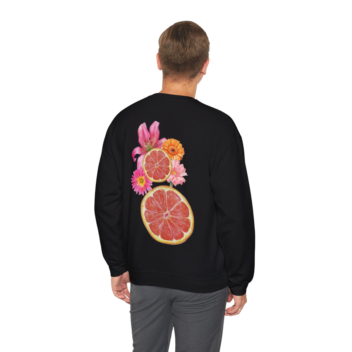 ORVIAN — Tropical Citrus & Pink Floral Crewneck, Grapefruit Orange Watercolor Unisex Heavy Blend