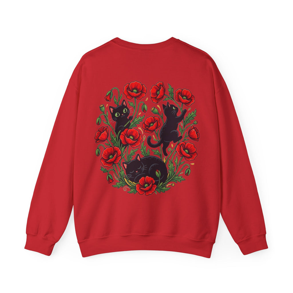 ORVIAN — Black Cat & Red Poppies Floral Crewneck, Elegant Nature Unisex Heavy Blend