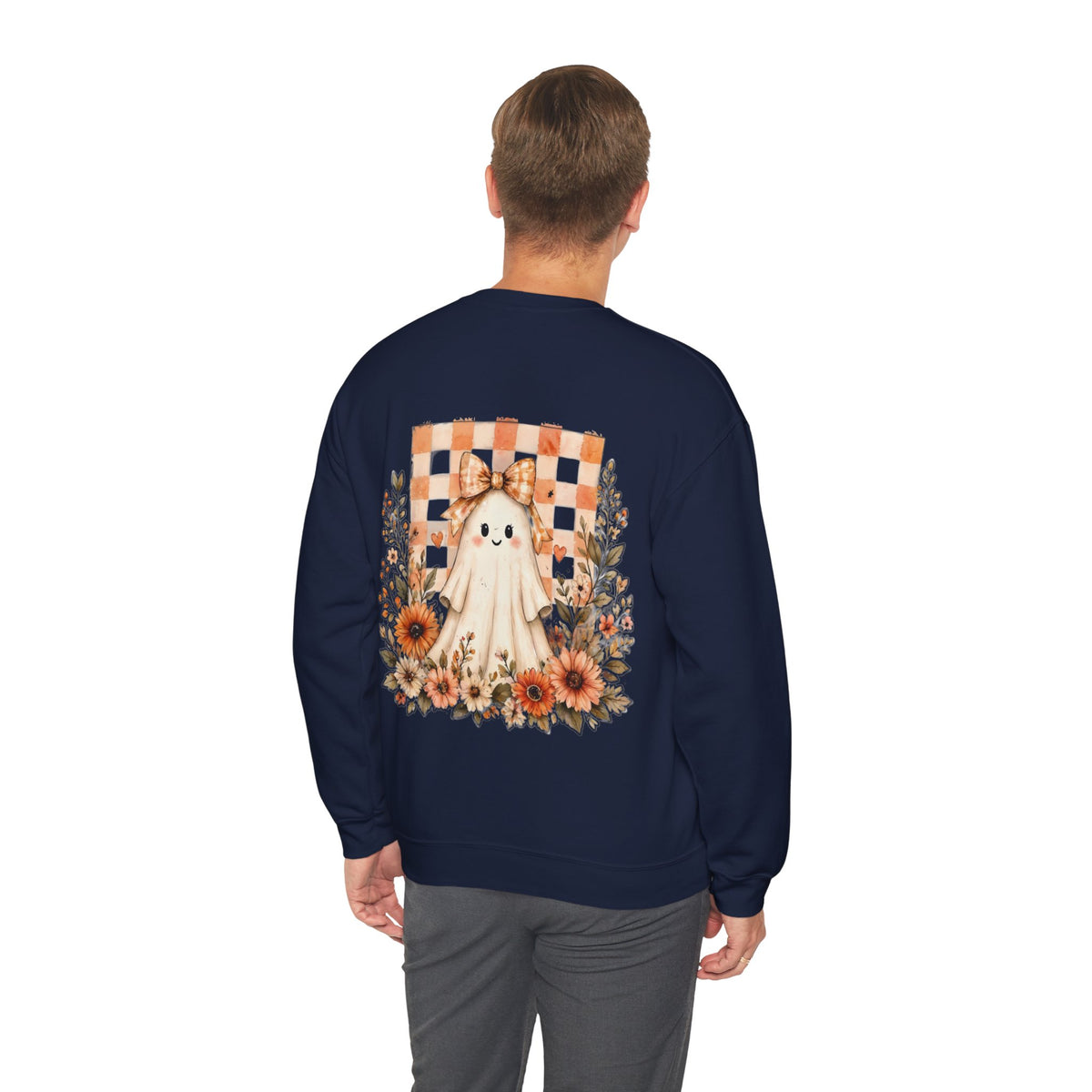 ORVIAN — Fall Kitten & Coquette Ghost Crewneck, Gingham Pumpkin Autumn Unisex Heavy Blend