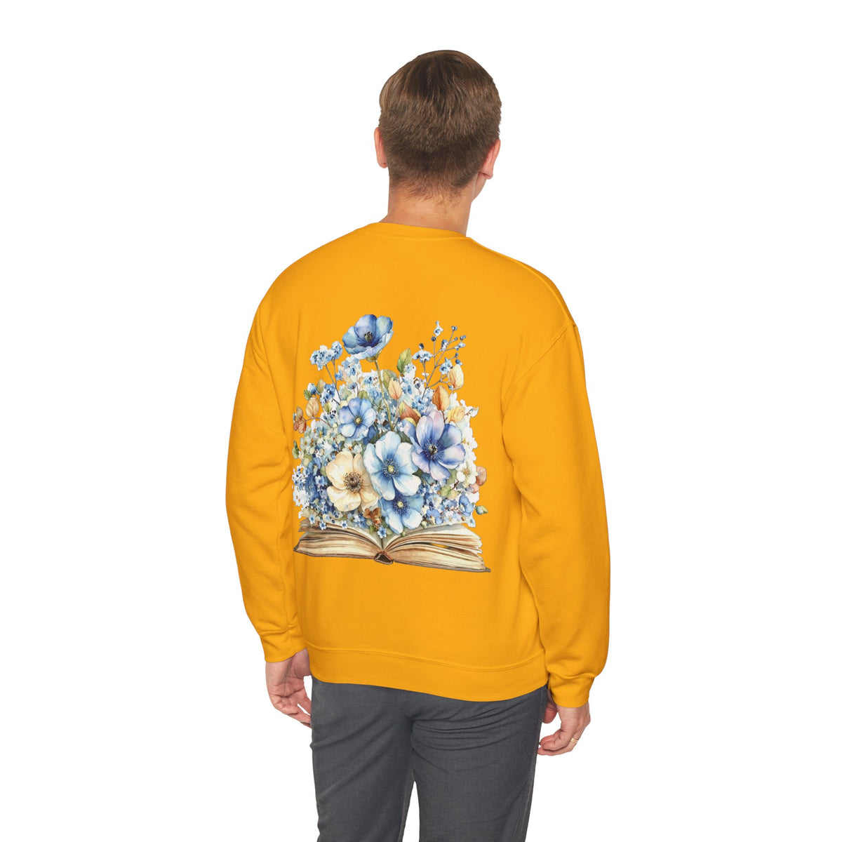 ORVIAN — Blue Watercolor Floral Book Crewneck, Open Book Wildflower Literary Unisex Heavy Blend