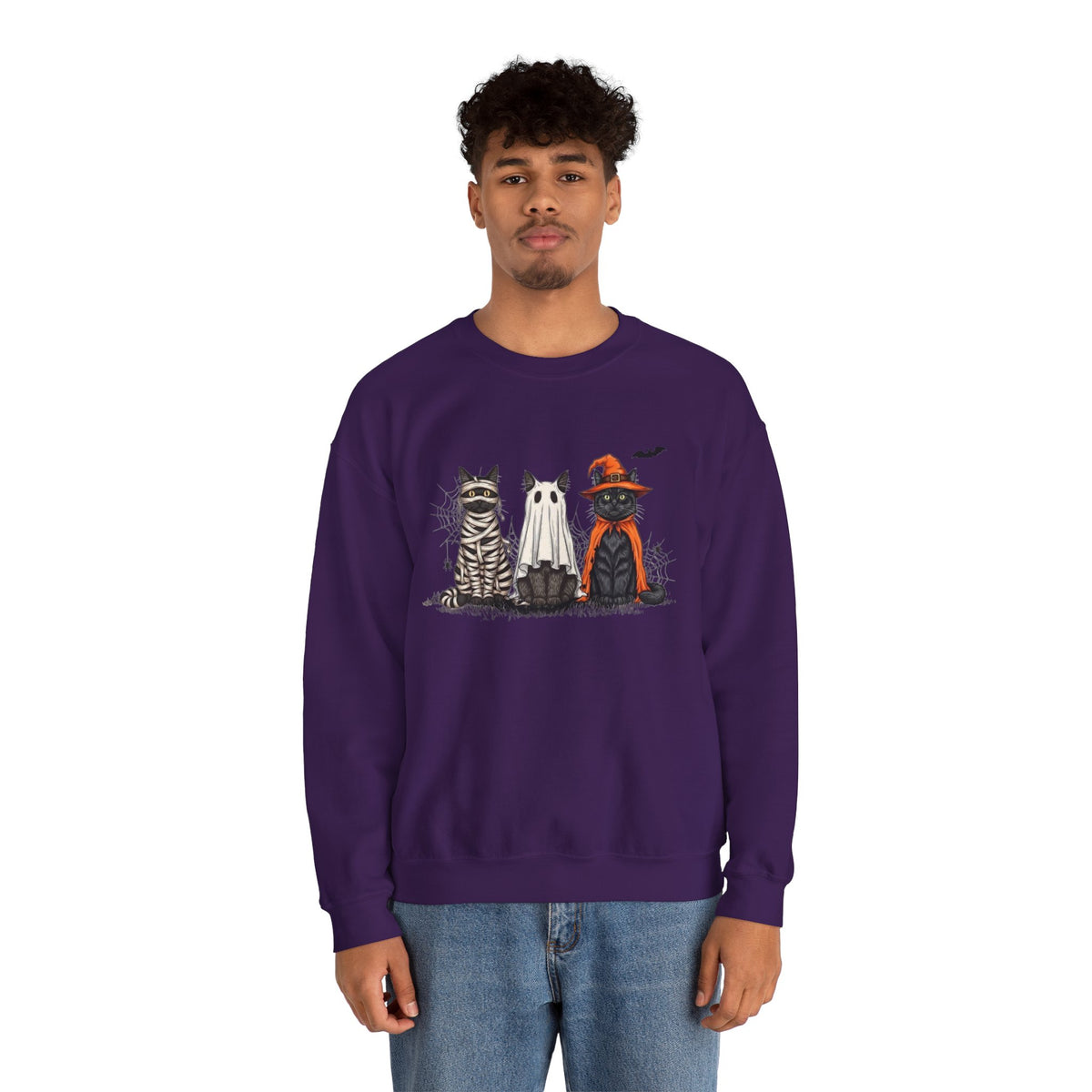 ORVIAN — Halloween Cats & Ghosts Crewneck, Spooky Cute Black Cat Unisex Sweatshirt