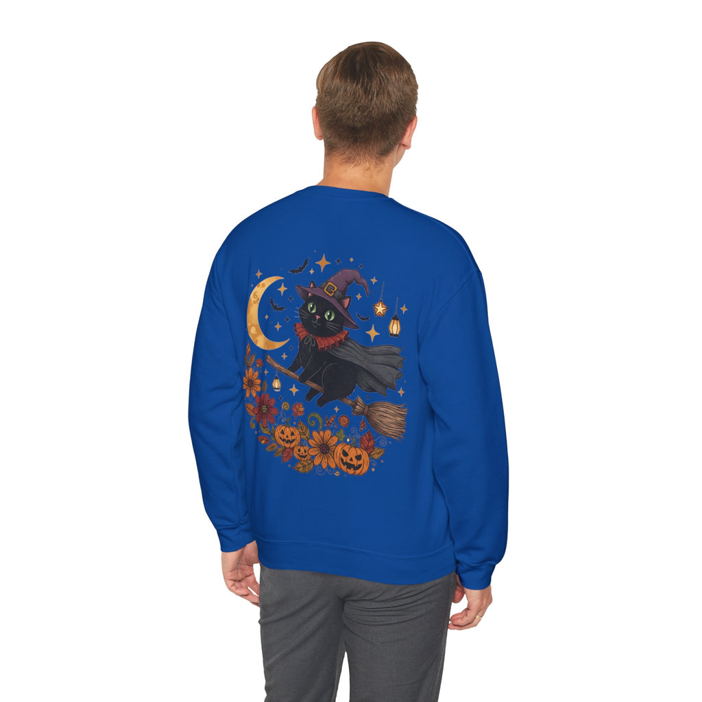 ORVIAN — Witch Cat Halloween Crewneck, Flying Black Cat & Pumpkin Patch Unisex Sweatshirt