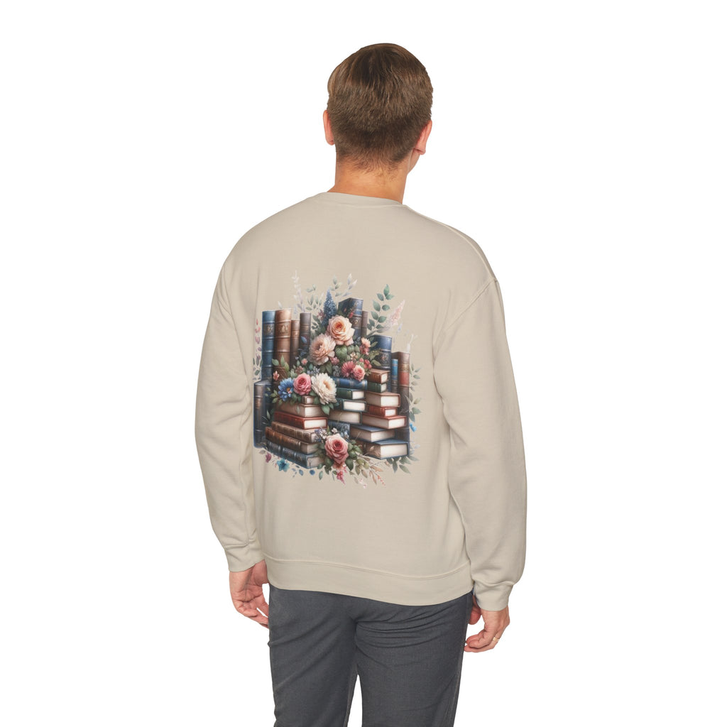 ORVIAN — Blue Watercolor Floral Book Crewneck, Open Book Wildflower Literary Unisex Heavy Blend