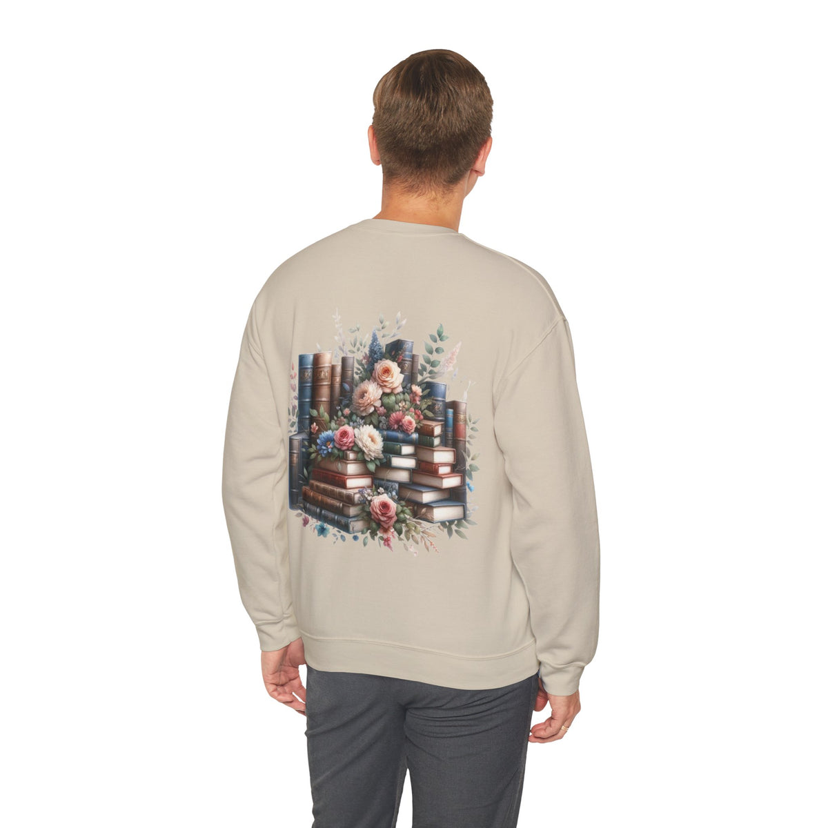 ORVIAN — Blue Watercolor Floral Book Crewneck, Open Book Wildflower Literary Unisex Heavy Blend