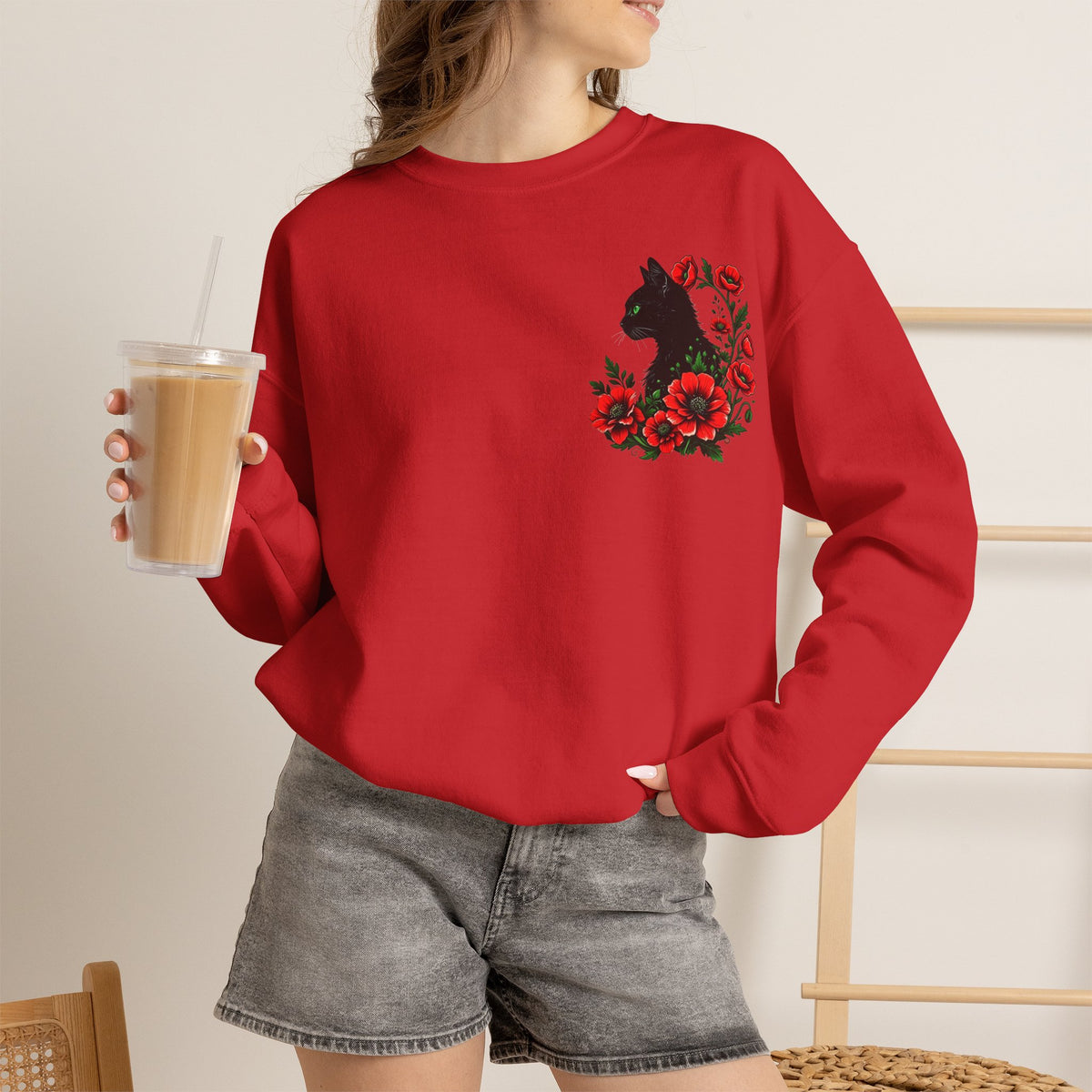 ORVIAN — Black Cat & Red Poppies Floral Crewneck, Elegant Nature Unisex Heavy Blend