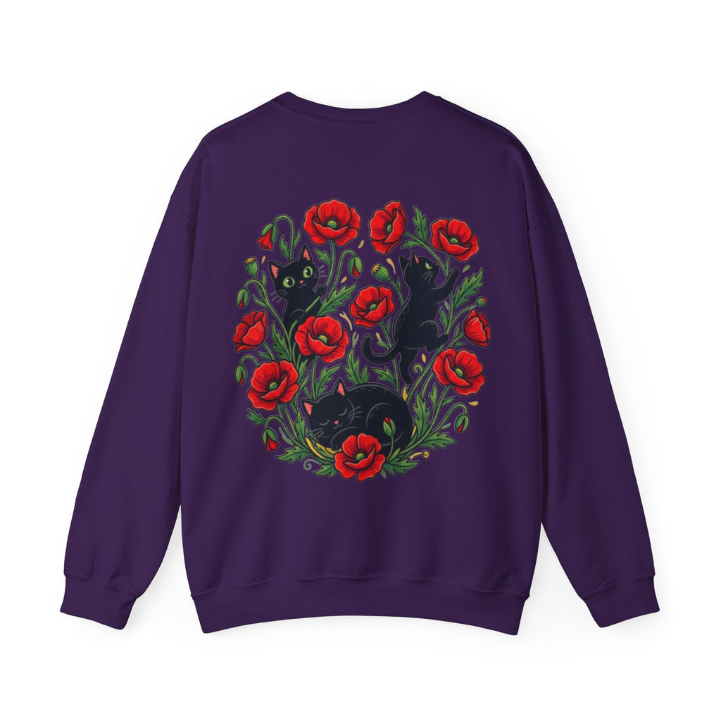 ORVIAN — Black Cat & Red Poppies Floral Crewneck, Elegant Nature Unisex Heavy Blend