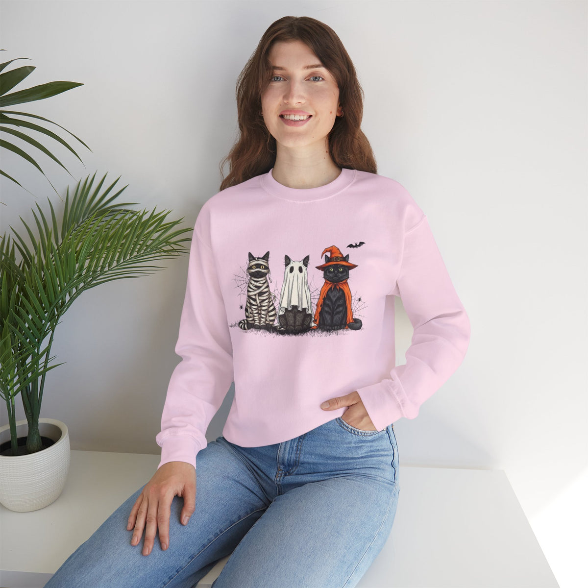 ORVIAN — Halloween Cats & Ghosts Crewneck, Spooky Cute Black Cat Unisex Sweatshirt