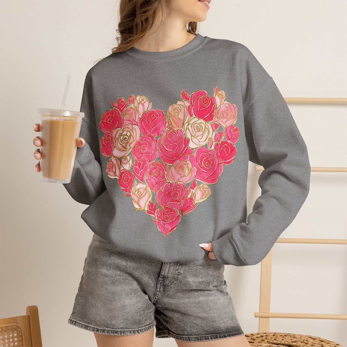 ORVIAN — Floral Rose Heart Crewneck, Romantic Pink Flower Valentine Sweatshirt, Unisex Heavy Blend