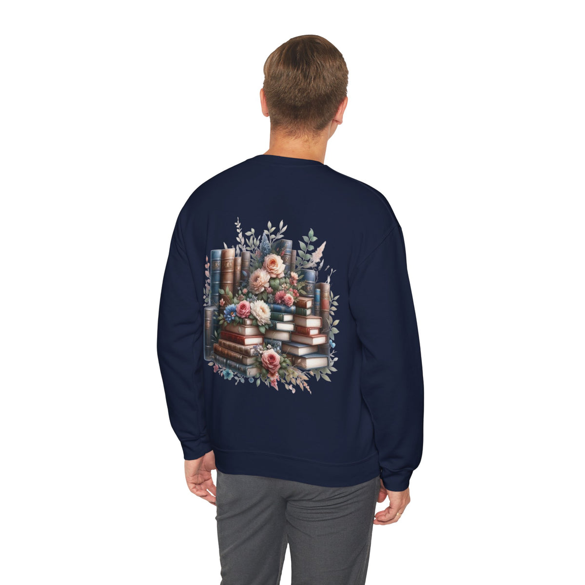 ORVIAN — Blue Watercolor Floral Book Crewneck, Open Book Wildflower Literary Unisex Heavy Blend