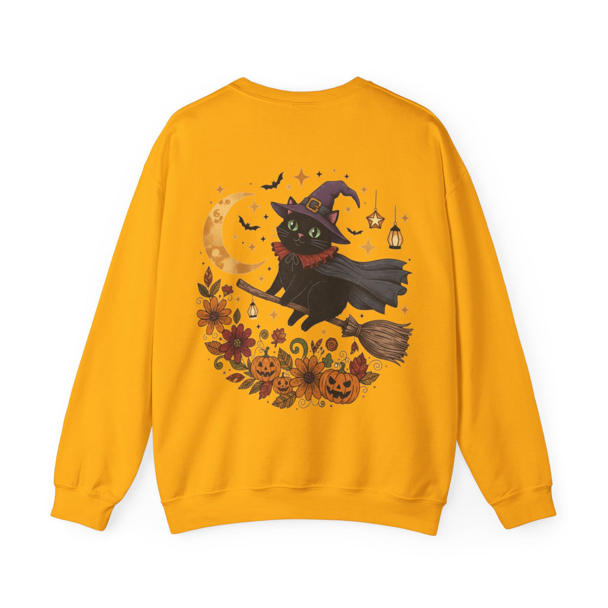 ORVIAN — Witch Cat Halloween Crewneck, Flying Black Cat & Pumpkin Patch Unisex Sweatshirt