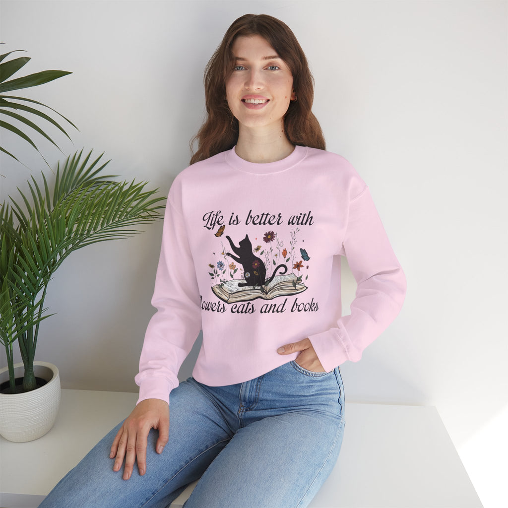 ORVIAN — Life Is Better With Flowers, Cats & Books Crewneck, Black Cat Book Stack Unisex