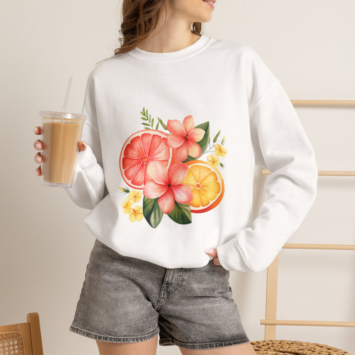ORVIAN — Tropical Citrus & Pink Floral Crewneck, Grapefruit Orange Watercolor Unisex Heavy Blend
