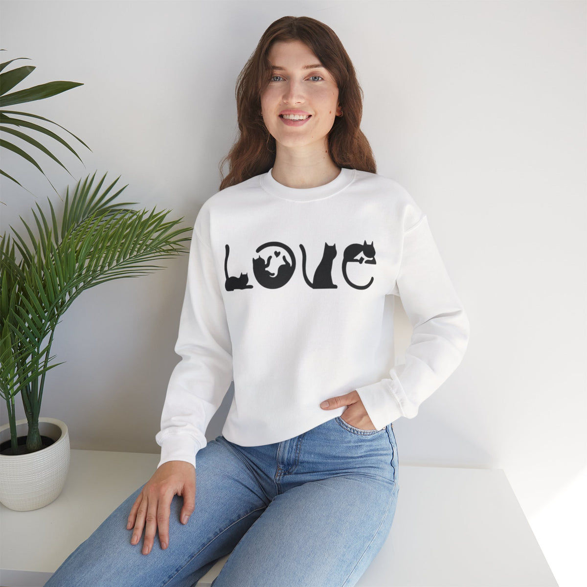 ORVIAN — LOVE Cat Silhouette & Heart-Shaped Cats Crewneck, Cat Lover Unisex Heavy Blend