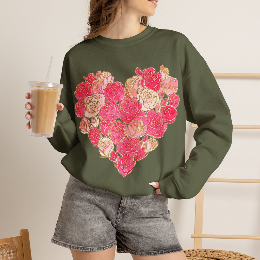 ORVIAN — Floral Rose Heart Crewneck, Romantic Pink Flower Valentine Sweatshirt, Unisex Heavy Blend