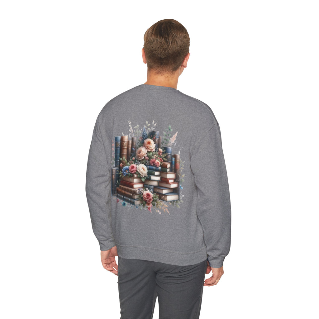 ORVIAN — Blue Watercolor Floral Book Crewneck, Open Book Wildflower Literary Unisex Heavy Blend
