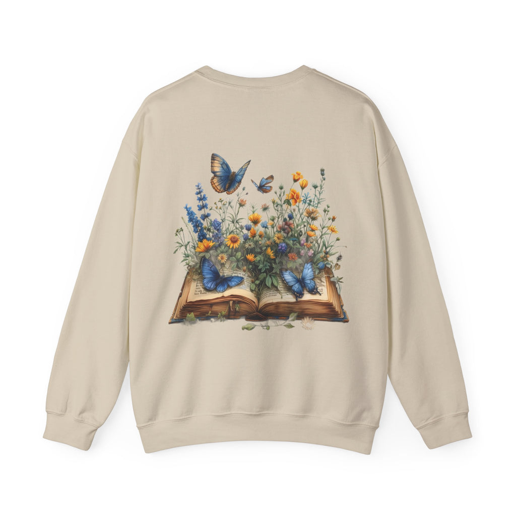 ORVIAN — Watercolor Floral Book & Butterfly Crewneck, Literary Nature Unisex Heavy Blend