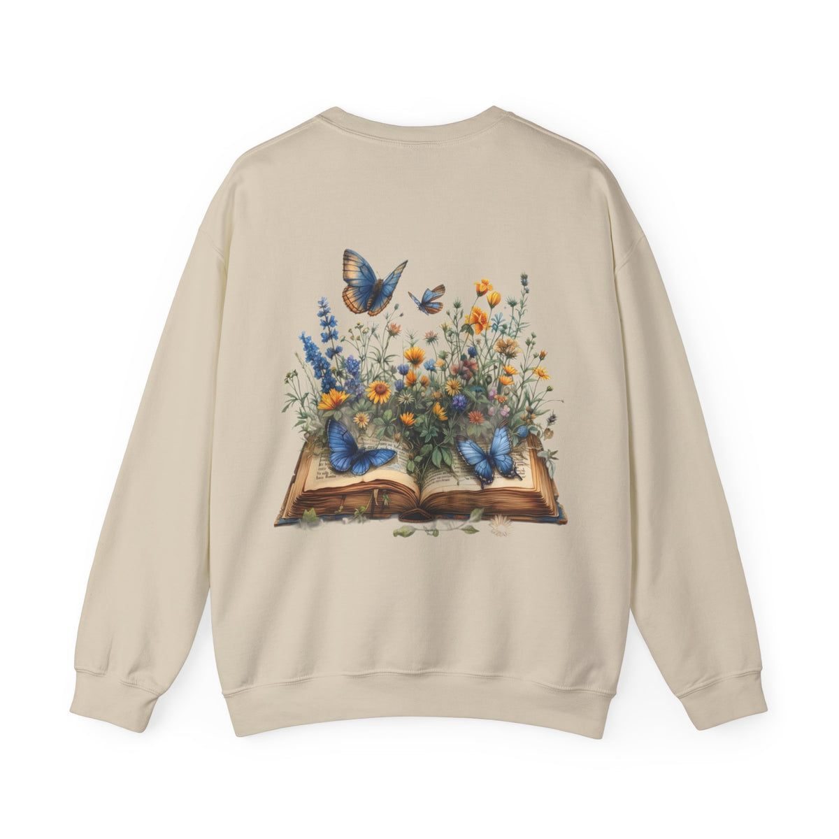 ORVIAN — Watercolor Floral Book & Butterfly Crewneck, Literary Nature Unisex Heavy Blend