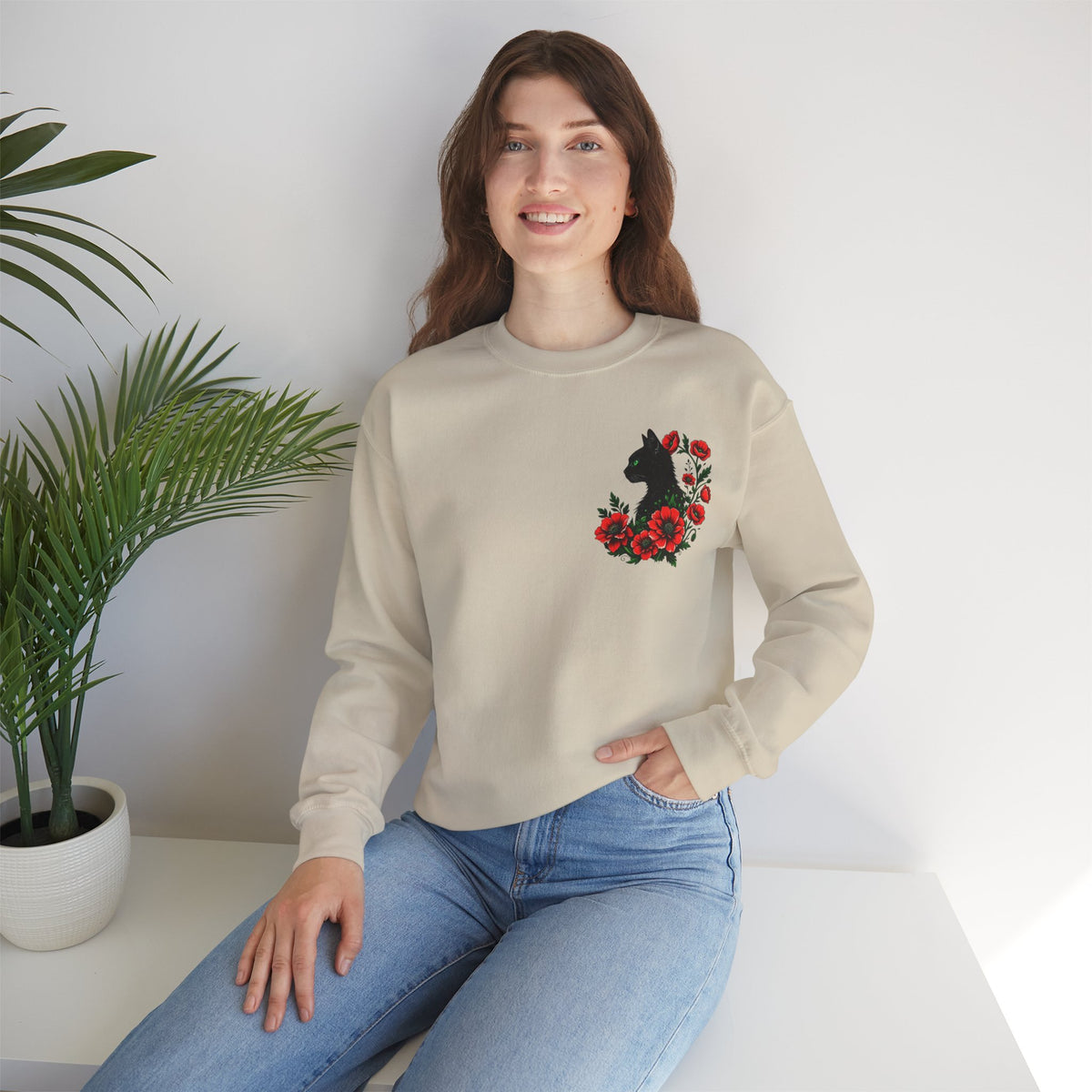 ORVIAN — Black Cat & Red Poppies Floral Crewneck, Elegant Nature Unisex Heavy Blend