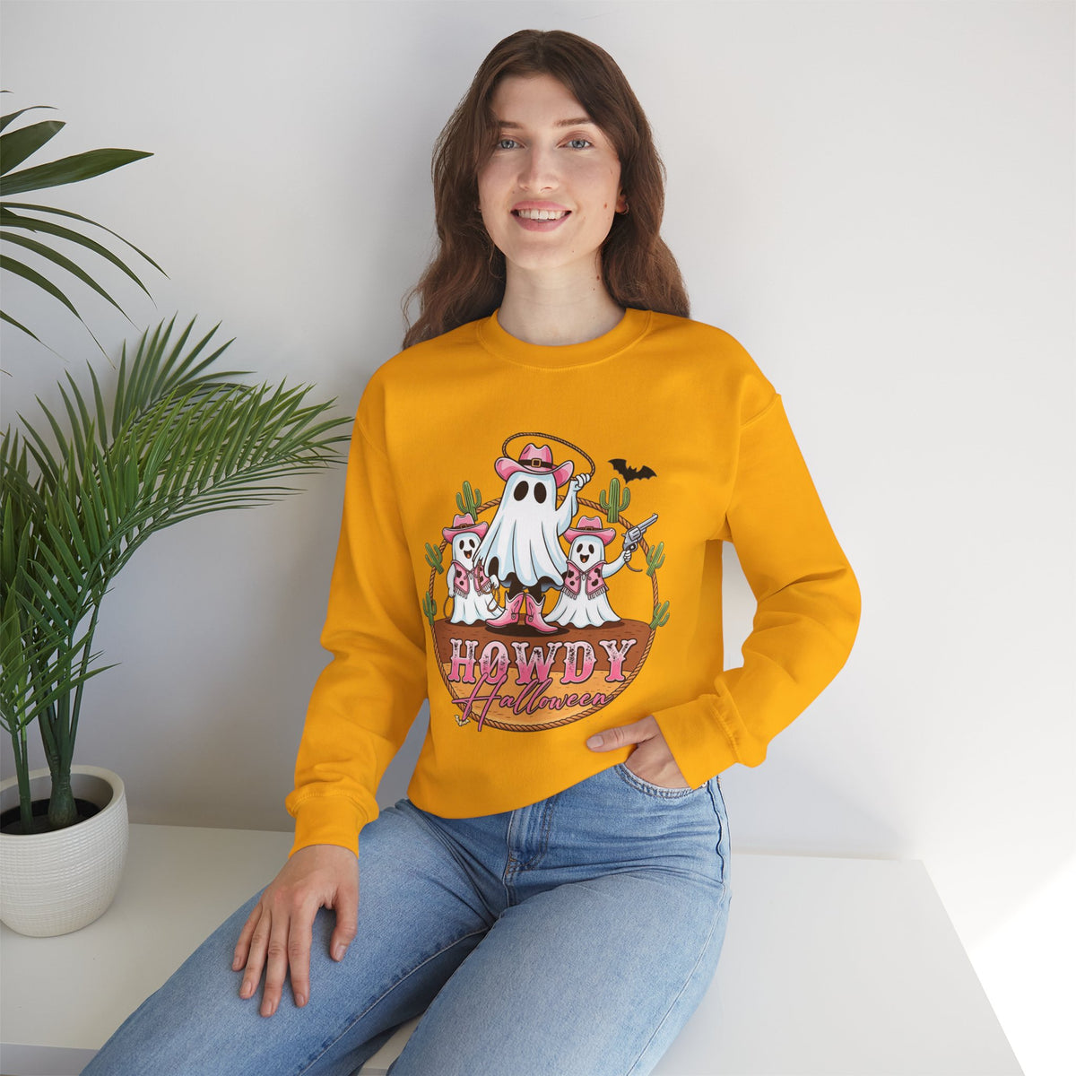 ORVIAN — Howdy Halloween Ghost Cowboy Crewneck, Pink Cowboo Western Unisex Heavy Blend