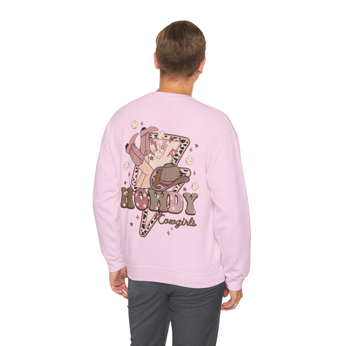 ORVIAN — Howdy Cowgirls Western Crewneck, Leopard Lightning Bolt & Cowgirl Boots Unisex Heavy Blend