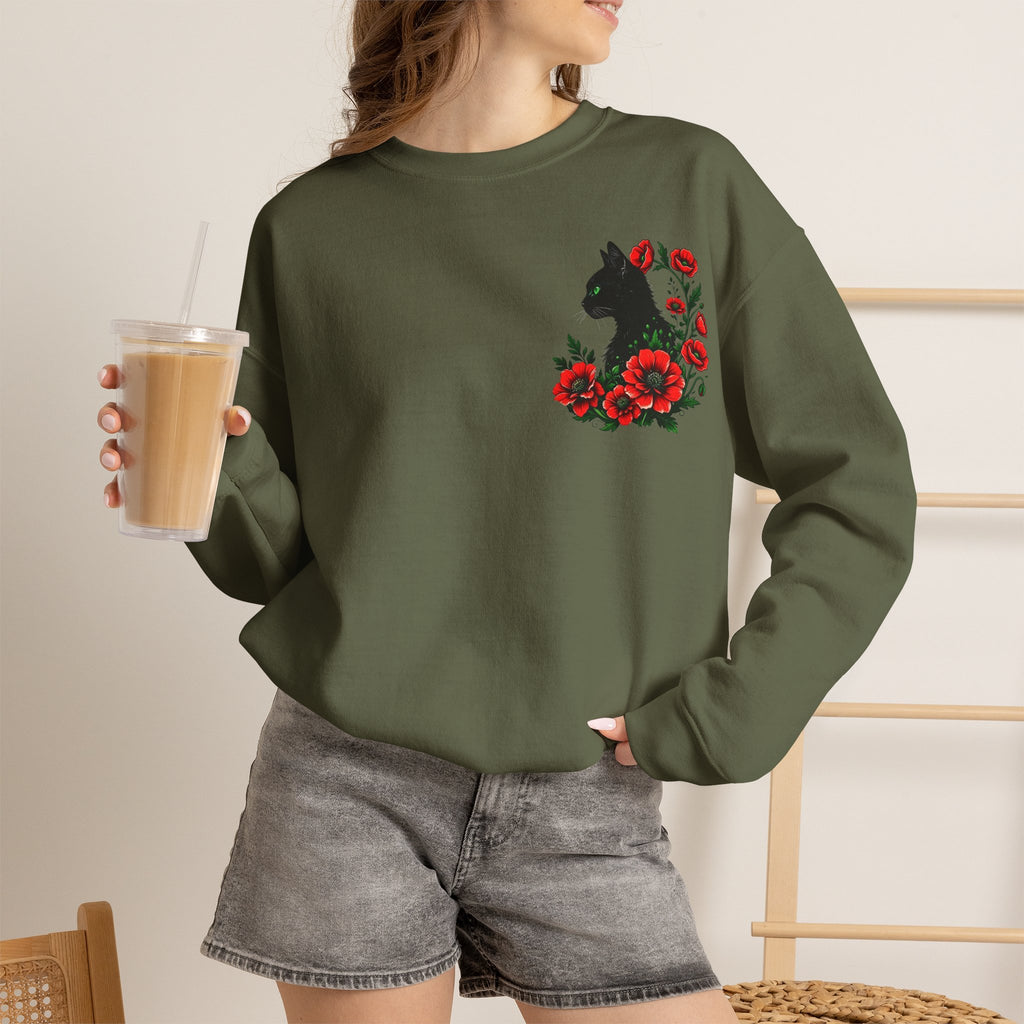 ORVIAN — Black Cat & Red Poppies Floral Crewneck, Elegant Nature Unisex Heavy Blend