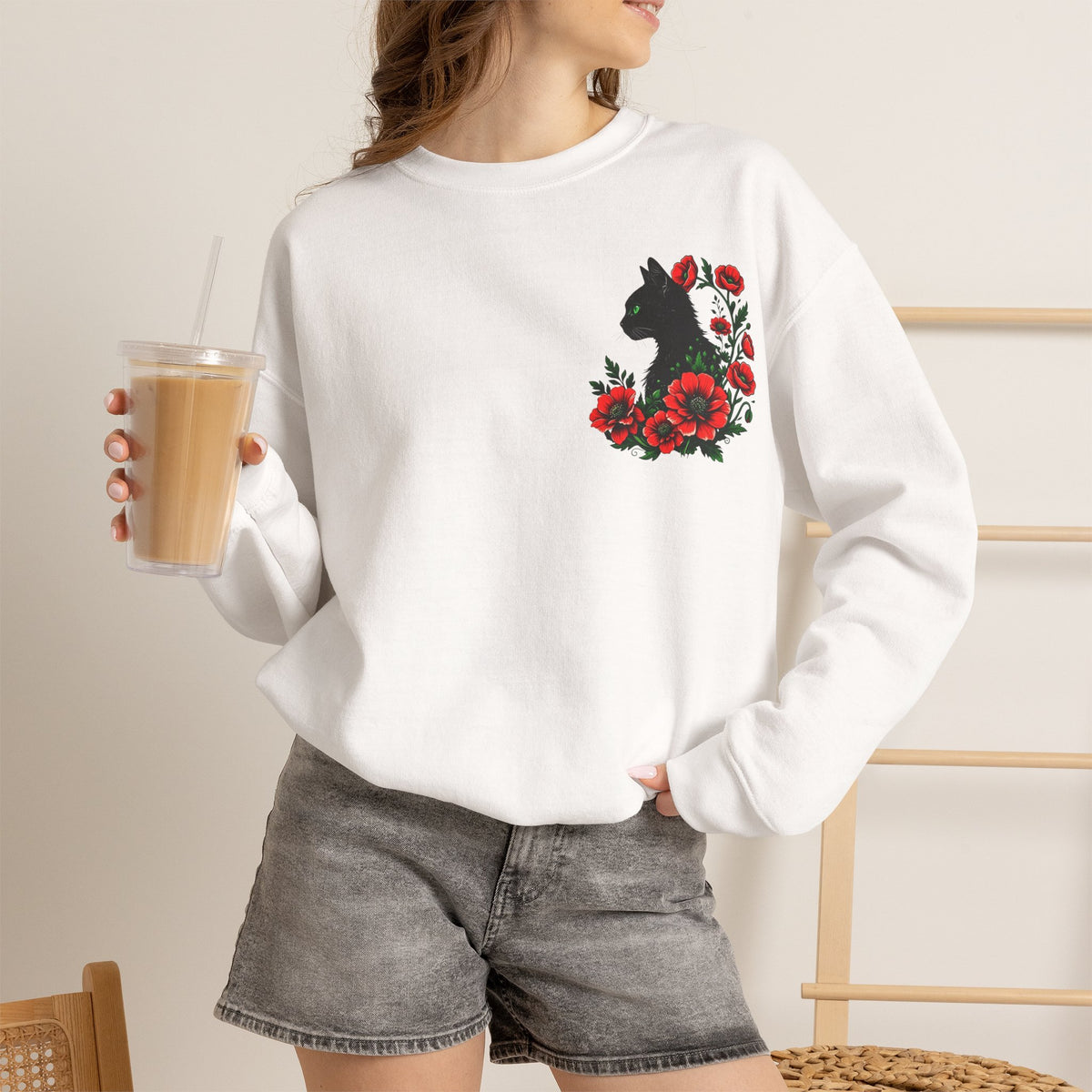 ORVIAN — Black Cat & Red Poppies Floral Crewneck, Elegant Nature Unisex Heavy Blend
