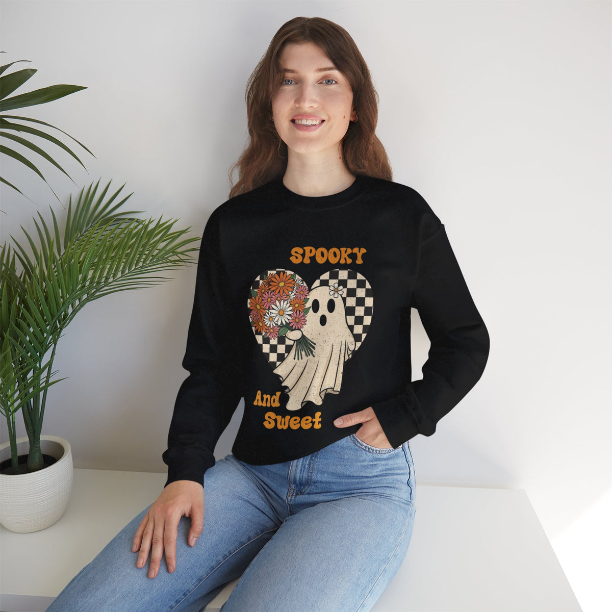 ORVIAN — Spooky & Sweet Ghost Crewneck, Coquette Bow Heart Halloween Unisex Sweatshirt