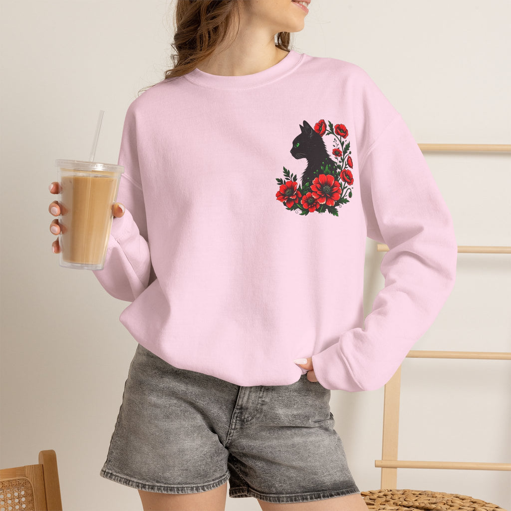 ORVIAN — Black Cat & Red Poppies Floral Crewneck, Elegant Nature Unisex Heavy Blend