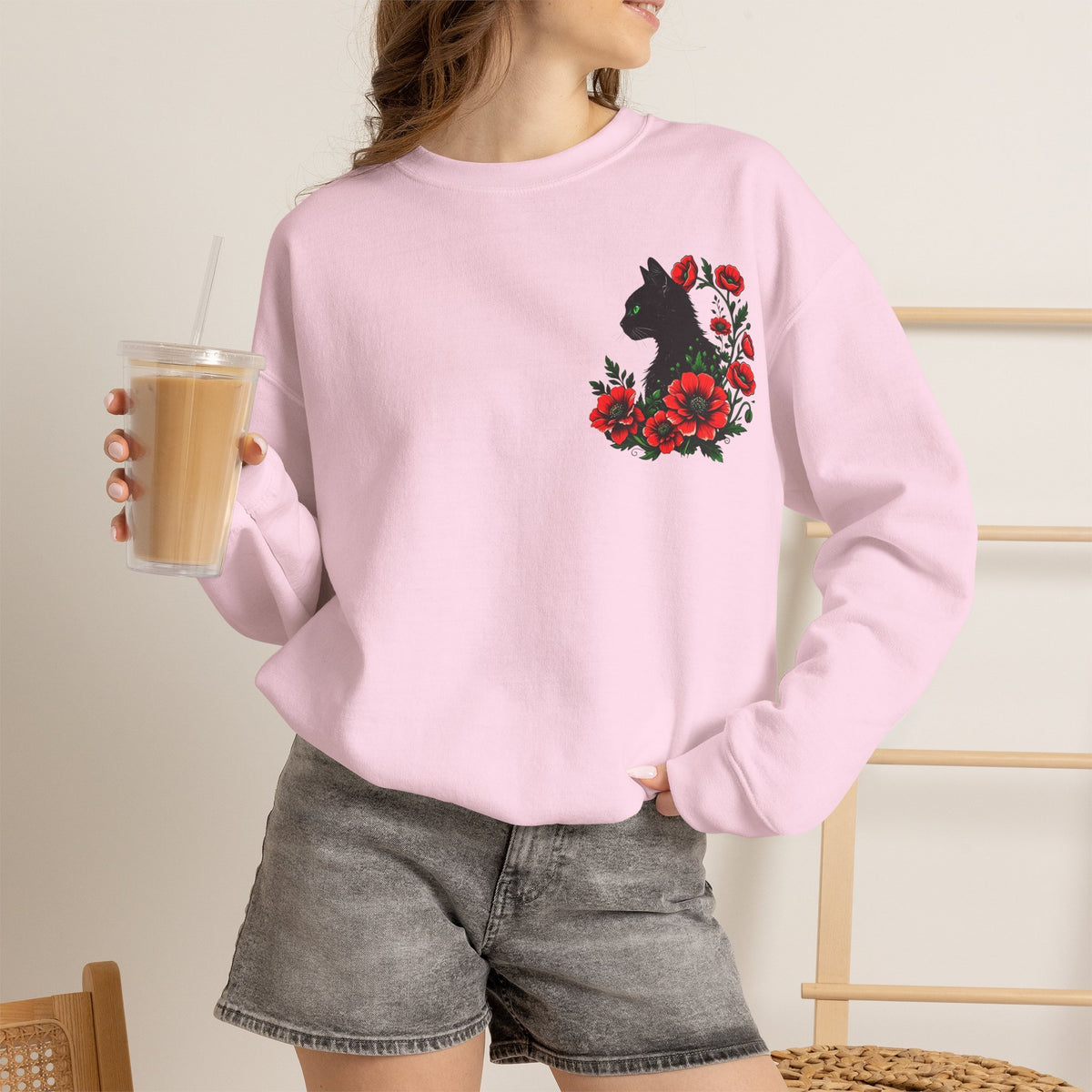 ORVIAN — Black Cat & Red Poppies Floral Crewneck, Elegant Nature Unisex Heavy Blend